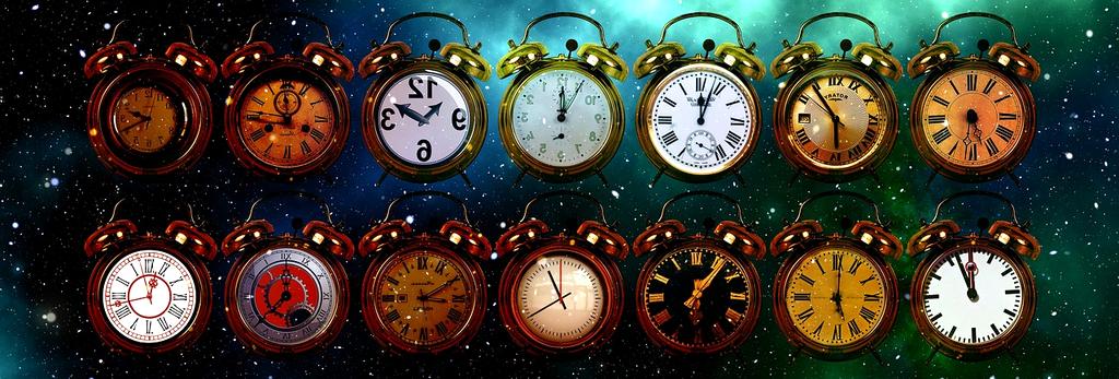 World clocks showing various times in multiple time zones